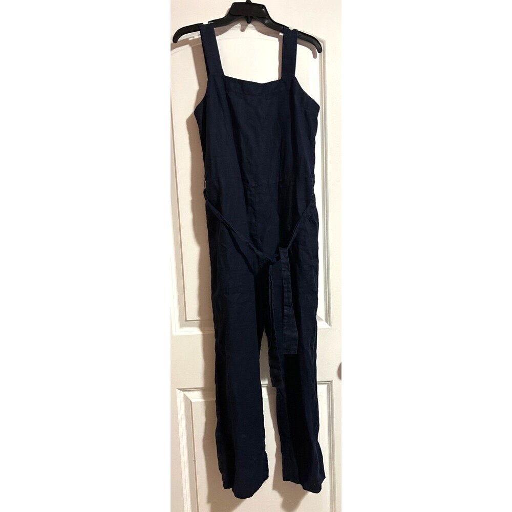 QUINCE Women's 100% European Linen Square Neck Jumpsuit Navy Tie Waist - Picture 2 of 10